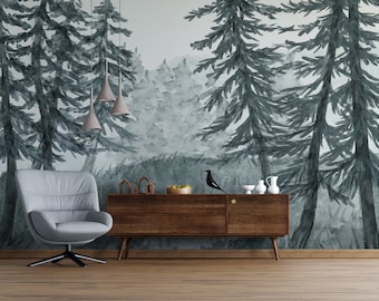Misty Pine Forest | Peel and Stick Fabric Wallpaper | Foggy Nature Woodland Wall Mural | PW222