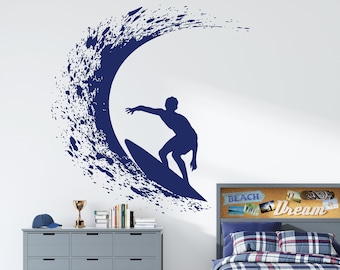 Ocean Wave Surfing Wall Decal | Surfer Board Vinyl Sticker | Extreme Sports Decor 4497