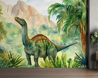 Jurassic Watercolor Dino Mural | Green Forest Peel & Stick Removable Dinosaur Wallpaper | PW402