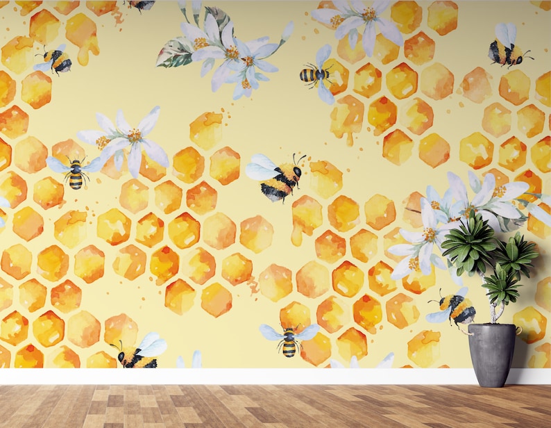 Bee Peel and Stick Wallpaper Yellow Honey Bees Wall Mural Self - Etsy