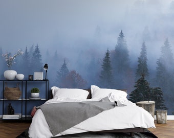 Mistwood Pines | Foggy Forest Nature Mural | Dark Evergreen Landscape Peel & Stick Removable | PW187