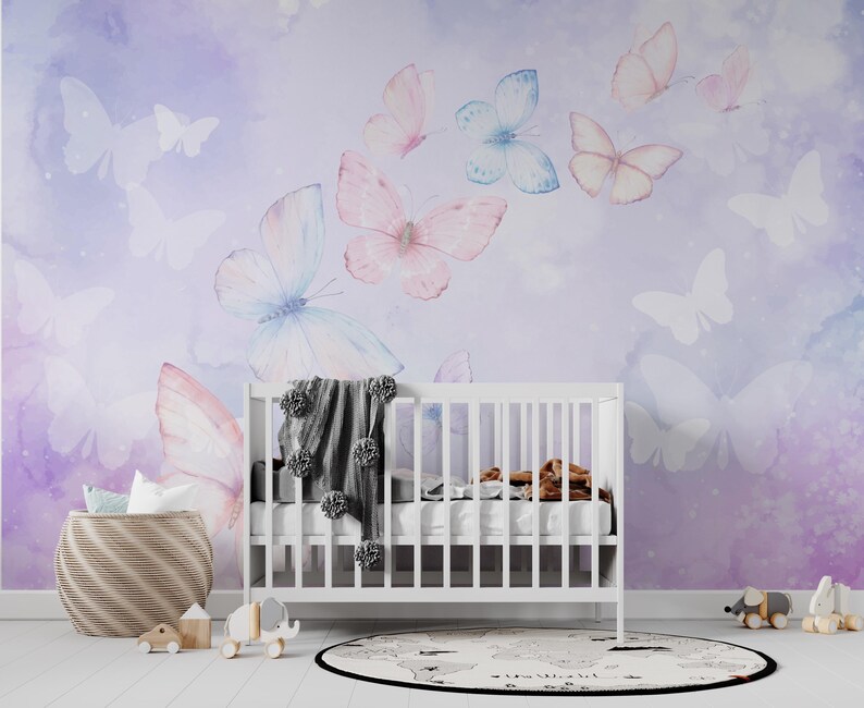 Flutter Bloom | Pastel Butterfly Mural Wallpaper | Watercolor Nursery ...