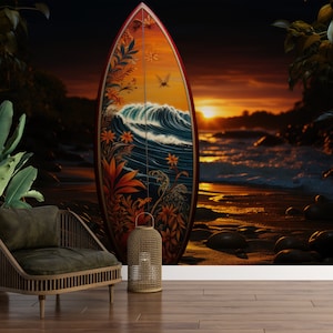 Surfing Wallpaper Ocean Wave Wall Graphics Peel and Stick Surfboard Wallpaper Self Adhesive Removable Mural PW564