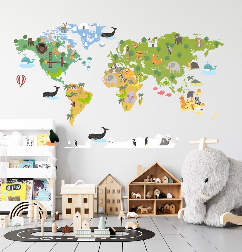 Wild World Map Wall Decal: Animals Design for Kids Nursery Room Decor ...