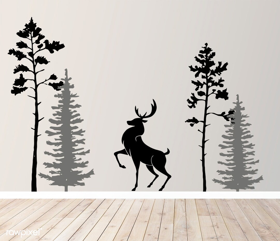 Deer and Pine Tree Forest Wall Decal: Removable Vinyl Decor Comp2 - Etsy