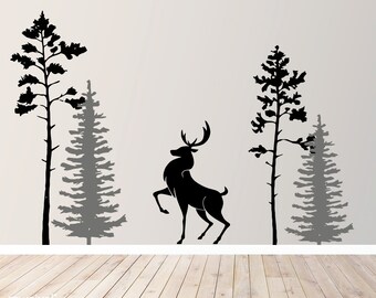 Forest muur sticker | Herten muur sticker | Pine bomen muur sticker | Herten Wall Decor | Grote sticker Comp2