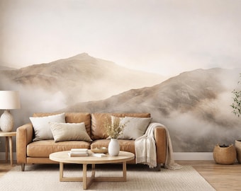 Golden Veil Peaks | Misty Mountain Landscape Mural | Neutral Nature Wallpaper | Peel & Stick Scenic | D184