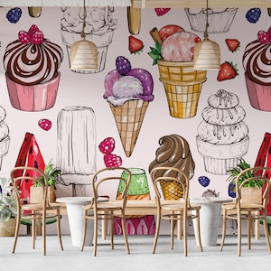 Sweets Wall Graphics Desserts Cupcakes  Ice Cream Wallpaper Peel and Stick Wallpaper Cafe Bakery Restaurant Removable Mural PW531