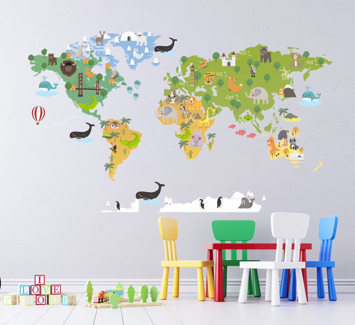 Wild World Map Wall Decal: Animals Design for Kids Nursery Room Decor ...