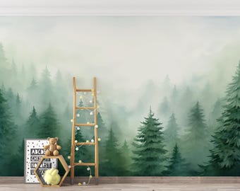 Pine Tree Forest Wall Mural | Misty Green Woodland Landscape Peel and Stick Wallpaper PW732
