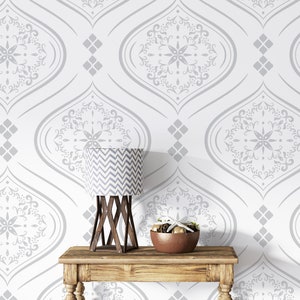 Victorian Damask Wallpaper Peel and Stick Vintage Damask Gray and White Self Adhesive Removable Fabric Wallpaper PW42