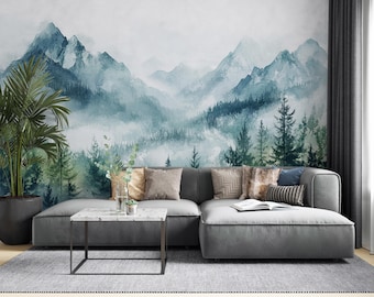 Emerald Mist Peaks | Teal Mountain Forest Wall Mural | Watercolor Landscape | Nature Wallpaper | V10