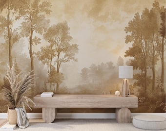 Golden Grove | Vintage Forest Scene Mural | Sepia Nature Wallpaper | Luxe Botanical Wall Art | V19