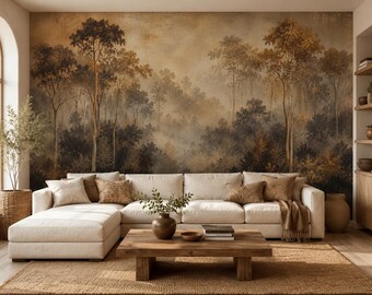 Golden Forest Wall Mural, Autumn Tree Wallpaper, Warm Woodland Peel and Stick Mural BL3