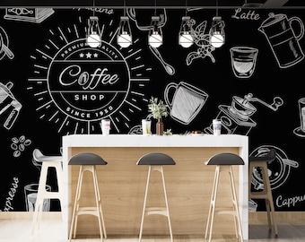 Benutzerdefinierte Coffee Shop Wallpaper | Schälen und Aufkleben Wandbild | Personalisierte Name Stoff Wand Dekor | PW524