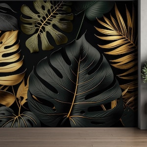 Golden Midnight Leaves | Luxe Tropical Jungle Mural | Black & Gold Wall Wallpaper | PW192
