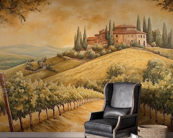 Tuscan Vineyard | Italian Countryside Villa Landscape Mural | Rustic Peel and Stick V15