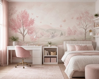 Whispering Petal Fields | Soft Pink Tree Mural | Butterfly Landscape Peel & Stick Wallpaper | BL503K