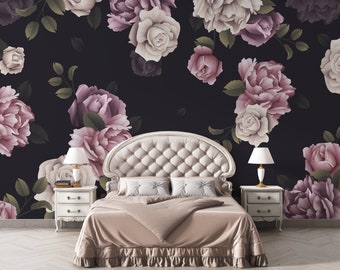 Mural de rosas melancólicas / Papel pintado autoadhesivo con flores oscuras / Decoración vintage de jardín extraíble / PW405