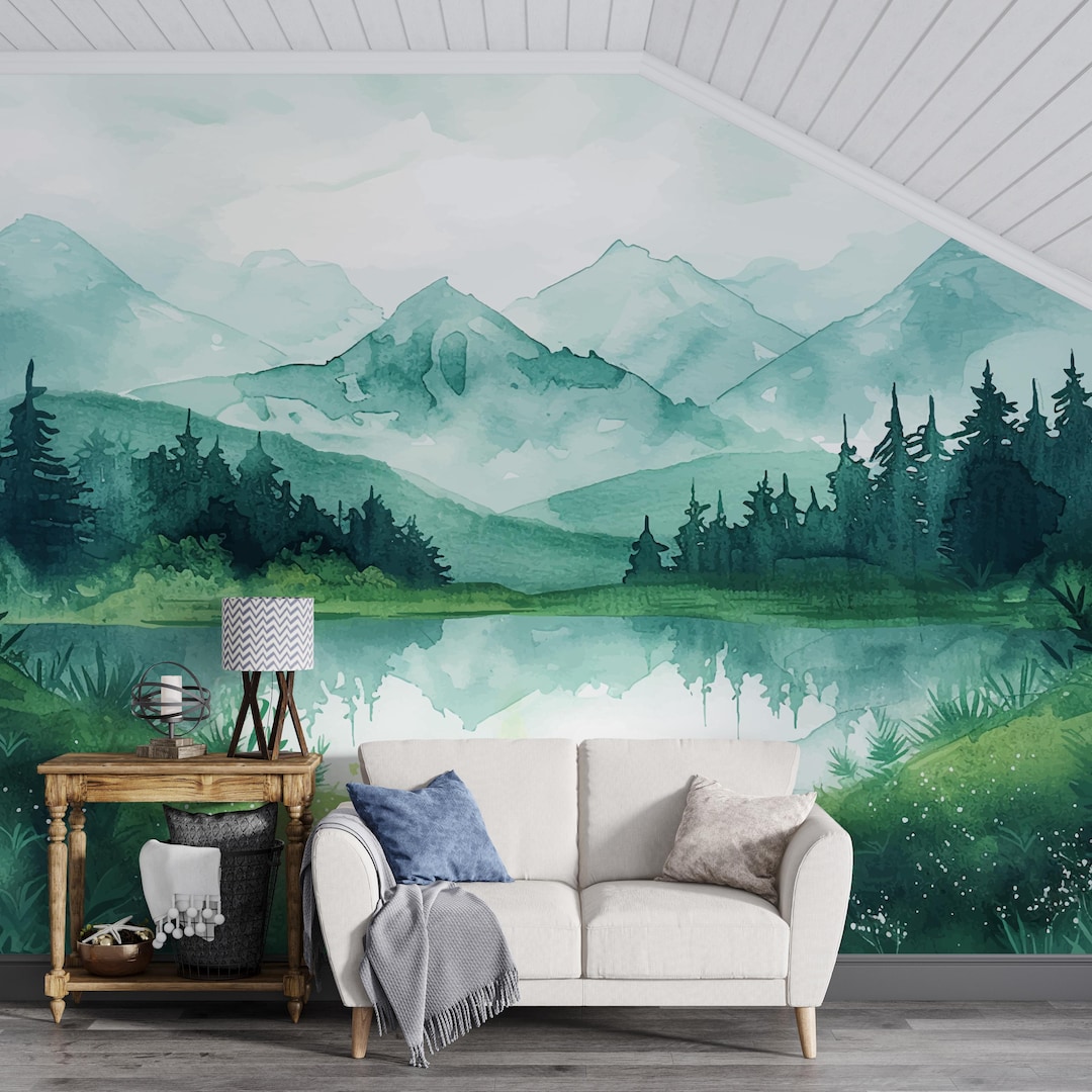 Mountain Lake Mural | Watercolor Forest Wallpaper | Scenic Green ...
