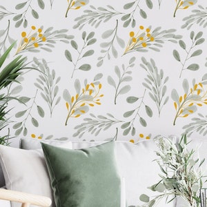 Watercolor Green and Yellow Leaves Peel and Stick Wallpaper Watercolor Botanical Self Adhesive Removable Fabric Wallpaper PW1