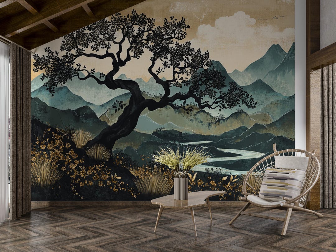 Silent River Canopy | Mountain Landscape Wall Mural Peel and Stick ...