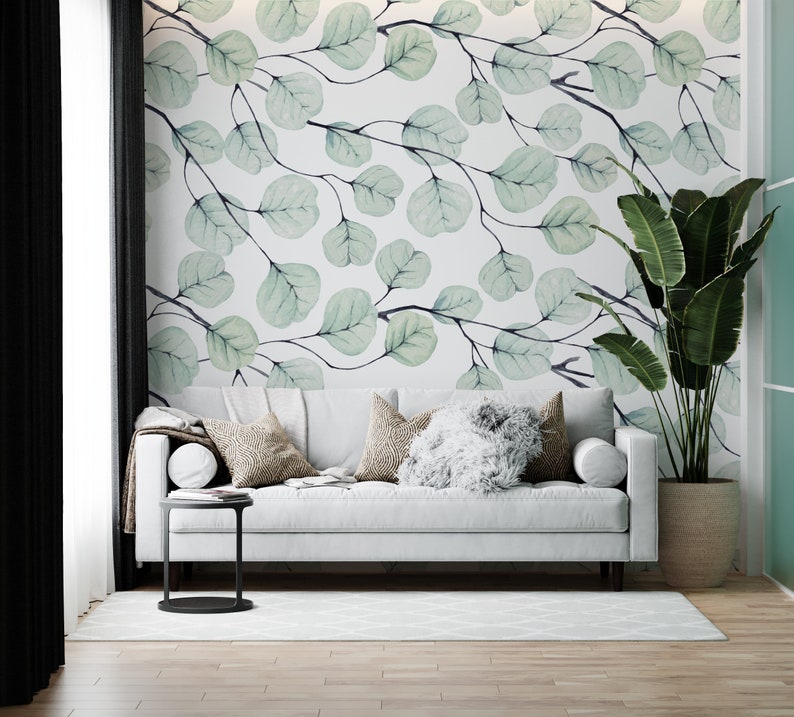 Watercolor Eucalyptus Wallpaper Mural Peel and Stick Botanical Etsy