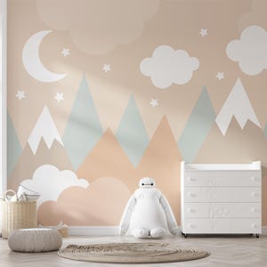 Papel pintado autoadhesivo de montañas, diseño de luna y estrellas, para habitación infantil, aventura, montañas, papel pintado extraíble PW662