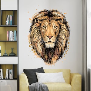 Calcomanía de pared con cabeza de león / Adhesivo de pared de león a todo color / Decoración de pared de león TGC18