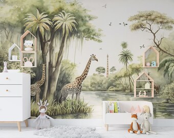 Savanna Giraffe Nursery Wallpaper | Safari Jungle Animals Peel & Stick Wall Mural | PW321