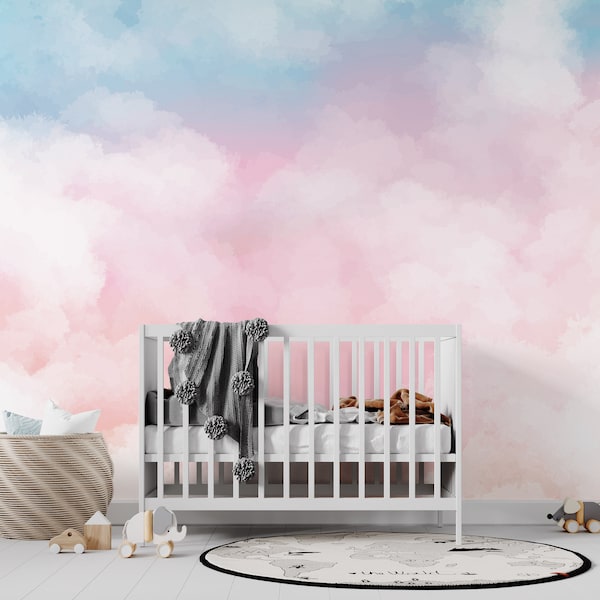 Watercolor Pink Sky Peel and Stick Wallpaper Pink Clouds Wall Mural Self Adhesive Removable Fabric Wallpaper PW197