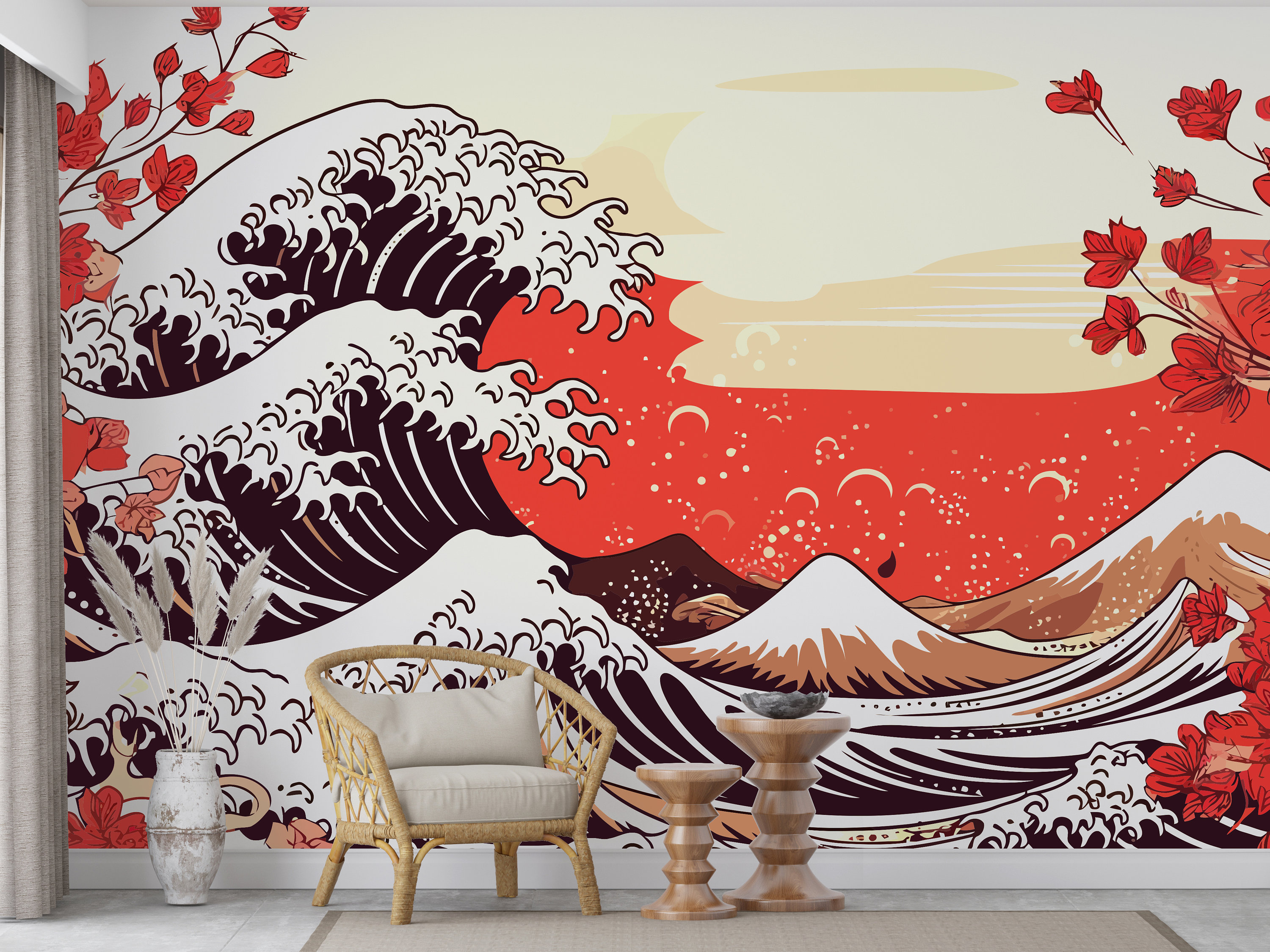 Crimson Tidal Wave Mural | Japanese Seaside Art Peel & Stick