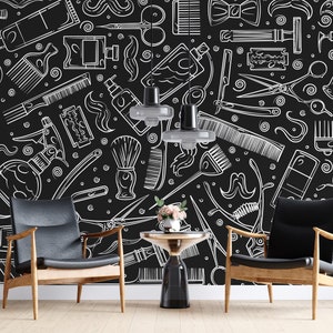 Hair Salon Tools Wallpaper Peel and Stick Self Adhesive Removable Barber Shop Wall Graphics Hair Cuts Vintage Wallpaper PW585