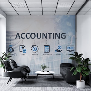 May include: A white wall with the word "ACCOUNTING" in black text and a series of icons representing different aspects of accounting, including a budget, audit, return, calculation, profit, and statistics. The icons are in blue and gray. Two black leather chairs and a black leather sofa are in front of the wall.
