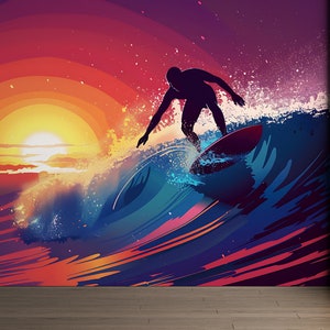 Surfing Wallpaper Ocean Wave Surfer Wall Graphics Peel and Stick Surfboard Wallpaper Self Adhesive Removable Mural PW565
