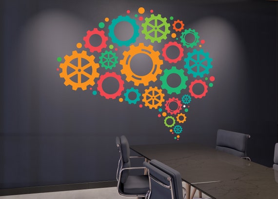 Mind Gears Wall Decal: Office Brain Art, Motivational Quote