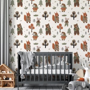 Woodland Animals Peel and Stick Wallpaper for Nursery Kids Room Forest Trees Wallpaper Self Adhesive Removable Nursery Wallpaper PW377