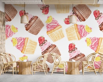 Vintage Süßigkeiten Wandgrafik Desserts Cupcakes Wallpaper Peel n Stick Wallpaper Cafe Bäckerei Restaurant Abnehmbare Tapete PW543