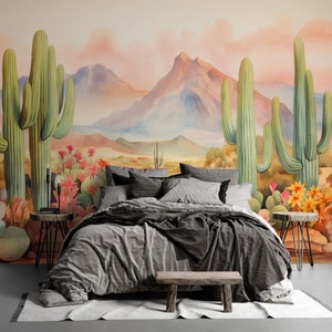 Desert Bloomscape | Watercolor Cactus Landscape Mural | Southwestern Peel and Stick Wallpaper | PW330