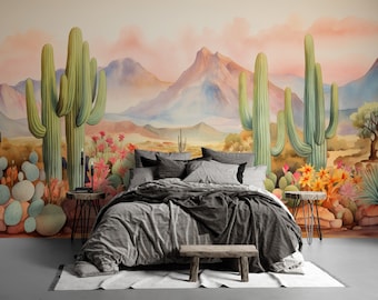 Desert Bloomscape | Watercolor Cactus Landscape Mural | Southwestern Peel and Stick Wallpaper | PW330