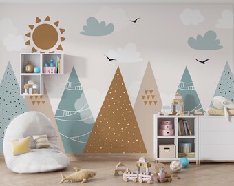 Geometric Mountain Wall Mural Scandinavian Style – Nordic Peaks | Kids Room Wallpaper Peel & Stick | PW663