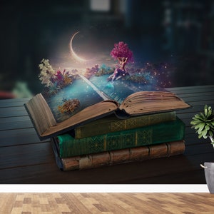 Open Book Wallpaper Peel and Stick Library Wall Decor Magic Mermaid Self Adhesive Mural Removable Reading 3D Wallpaper for School PW588