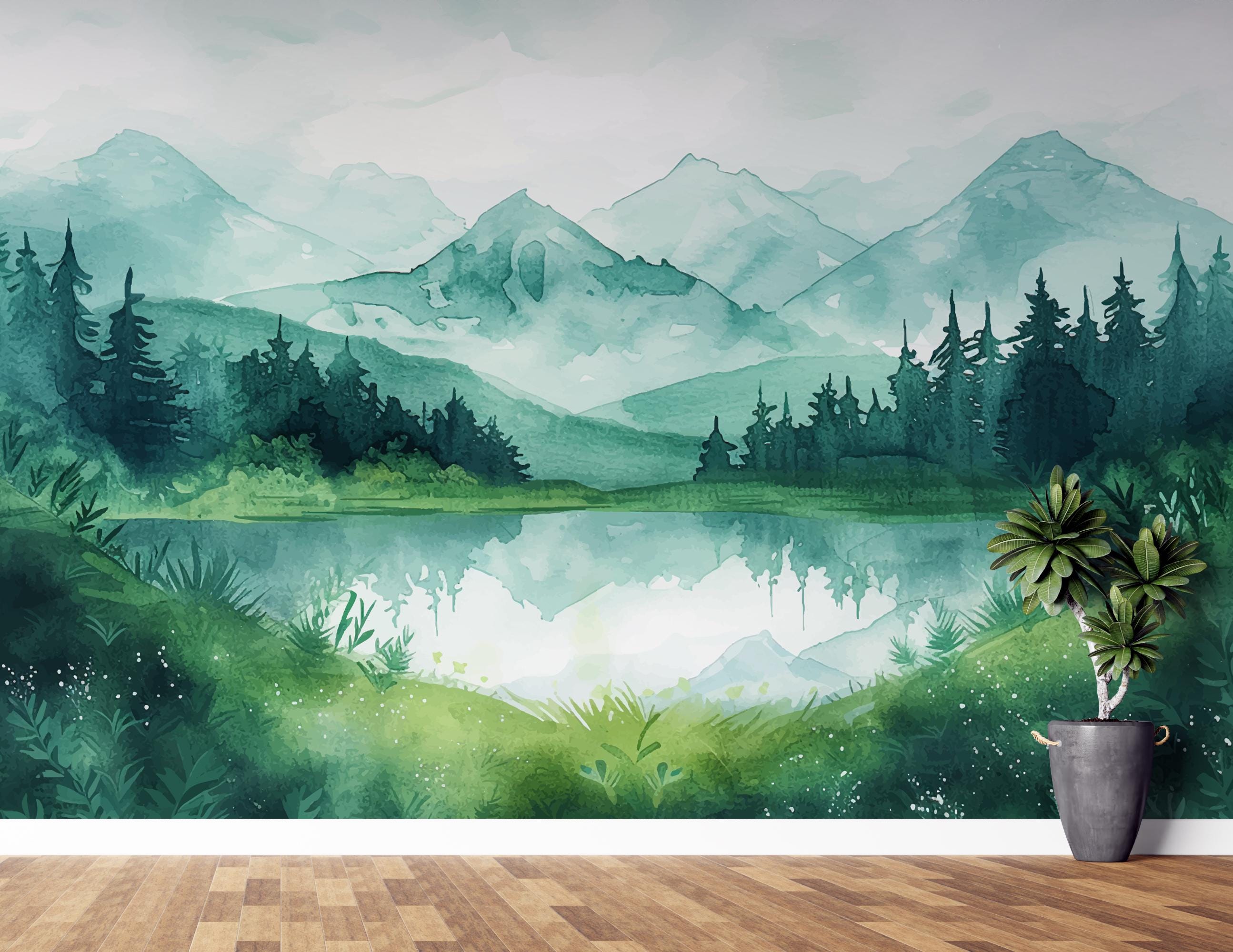 Mountain Lake Mural | Watercolor Forest Wallpaper | Scenic Green ...