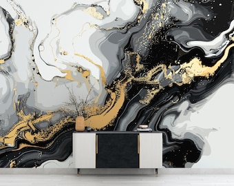 Black & Gold Marble Mural | Modern Abstract Stone Texture | Peel and Stick Wallpaper PW653