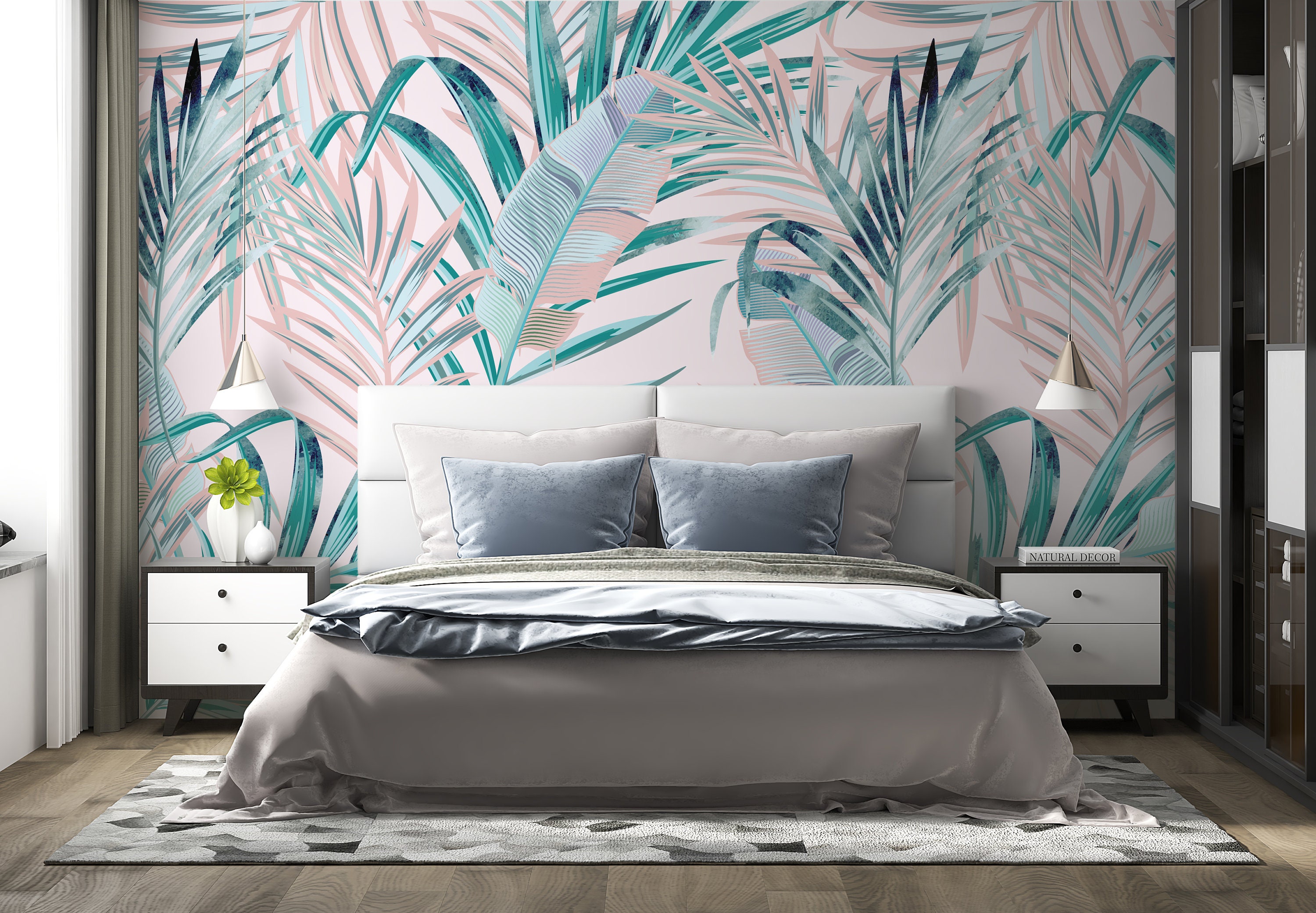 Tropical Blush Leaves Mural | Pink Peel and Stick Wallpaper | Modern ...