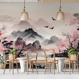 Papel de Parede Pagode Japonês de Montanha | Mural de Restaurante Removível e Adesivo | Arte de Parede Tradicional Asiática | PW453