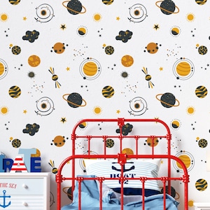Outer Space Peel and Stick Wallpaper Space Planets Rocket Ship Wallpaper Self Adhesive Removable Fabric Wallpaper PW88