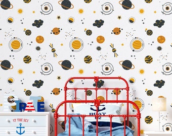 Outer Space Peel and Stick Wallpaper | Planets & Rockets Cosmic Mural | Space Themed Decor PW88