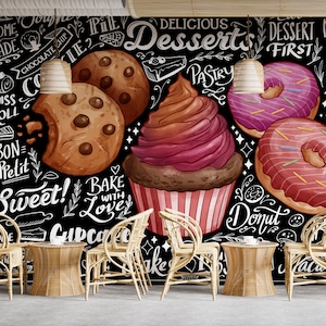 Süßigkeiten Wand Grafiken Desserts Cupcakes Donut Cookie Wallpaper Schälen und Stick Wallpaper Cafe Bäckerei Restaurant Abnehmbares Wandbild PW533