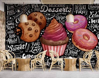 Tapete mit Süßigkeiten, Wandgrafiken, Desserts, Cupcakes, Donuts, Keksen, abziehen und aufkleben, Tapete, Café, Bäckerei, Restaurant, abnehmbares Wandbild PW533